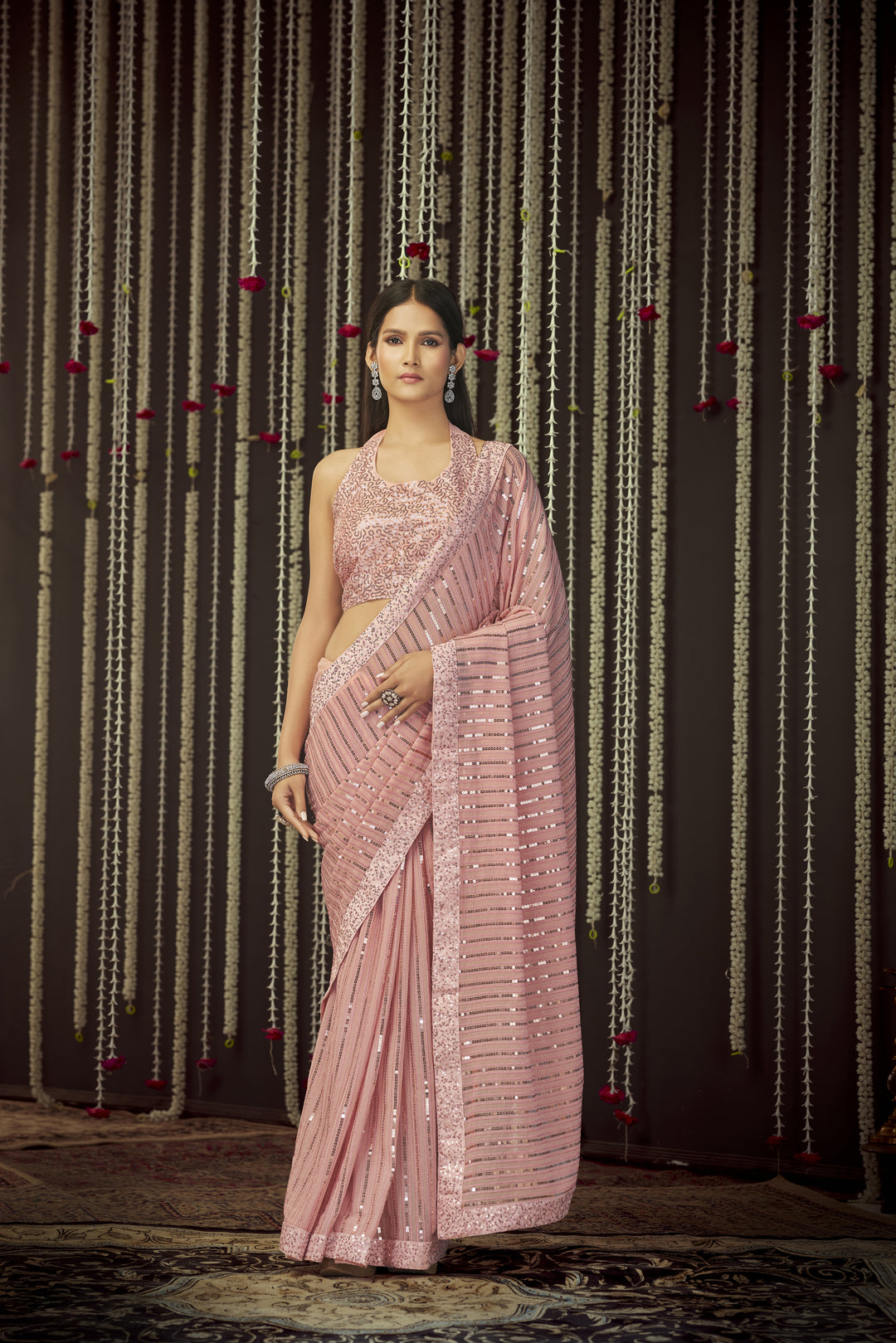 Stunning Pink Saree | Sequin Embellished Indian Wedding Sadi