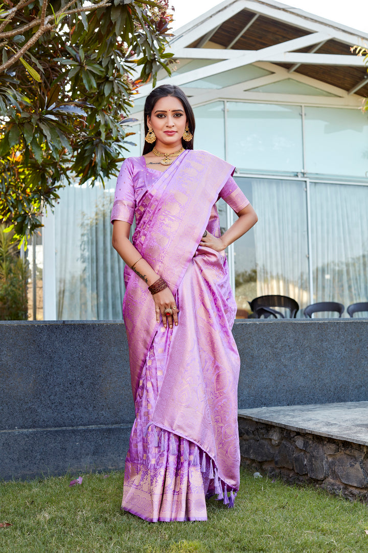 Premium Purple Satin Silk Saree with dual weave and elegant pallu, perfect for traditional weddings.