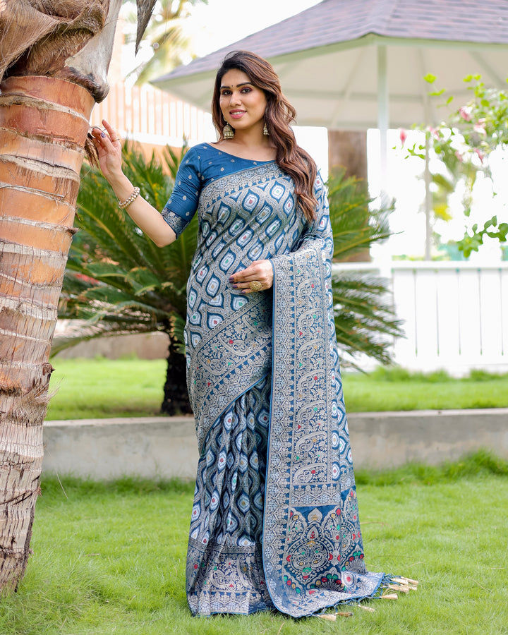 Elegant blue Kanjivaram Silk Saree with fine zari and embossed texture, a perfect fit for USA bridal wear.