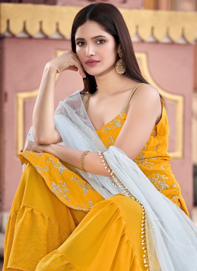 Mustard Yellow Semi Stitched Kurti | Sharara Set For Party Wear