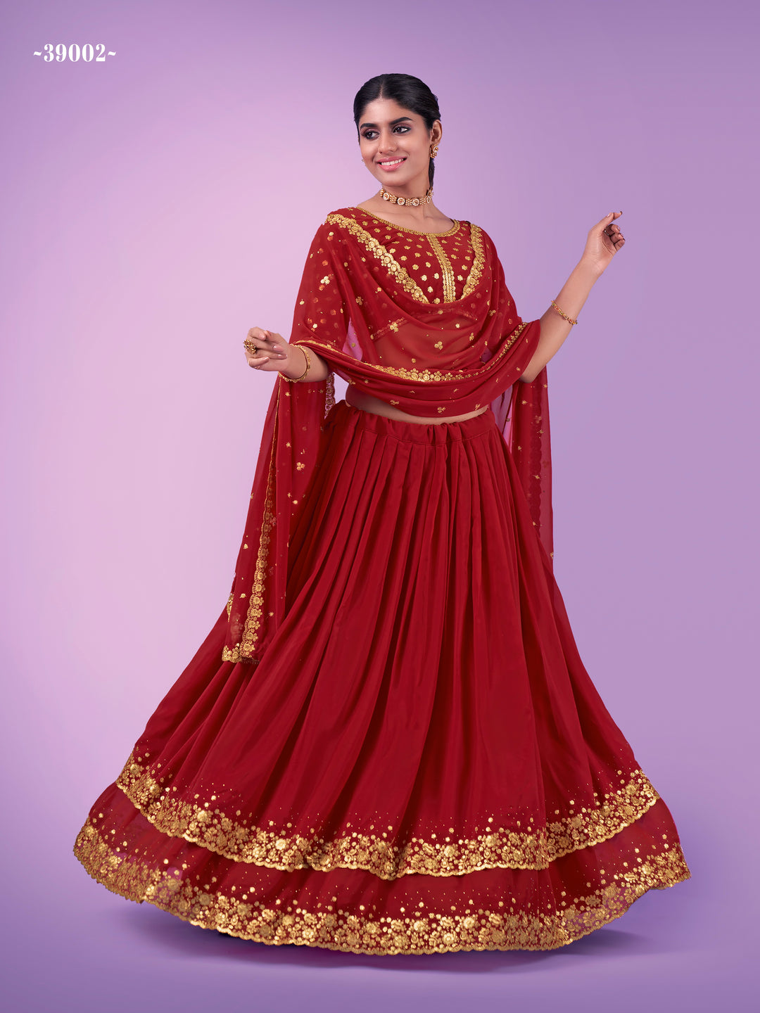 Flared Red Semi-stitched Embroidered Lehenga | Round Neck Blouse