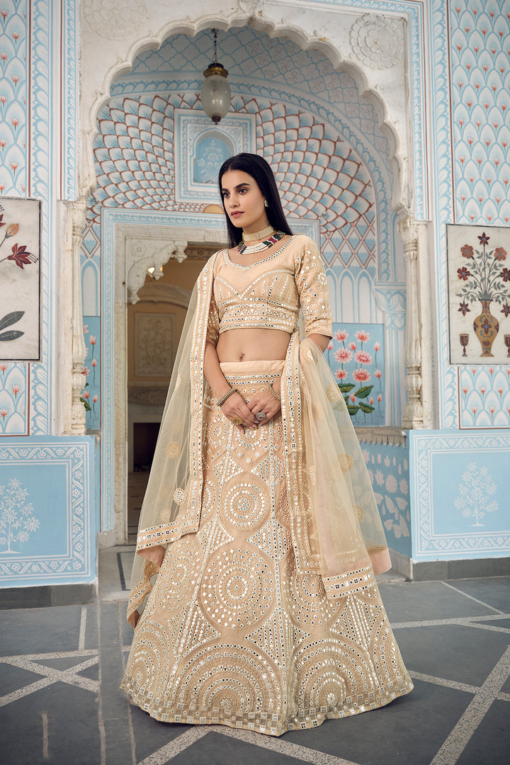 Elegant Cream Organza Lehenga Choli | Thread Embroidery & Foil Mirror Work