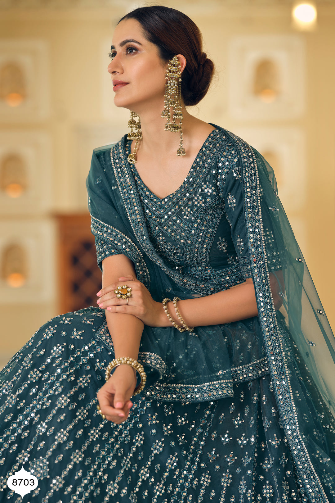 Elegant Rama Blue Lehenga Set | Lehenga with Dori & Mirror Work