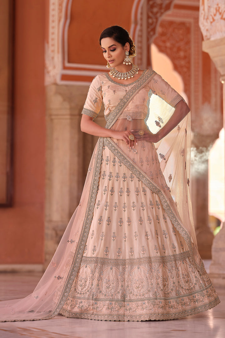 Indian Bridal Lehenga | Peach Soft Net & Crepe Crop Top Set