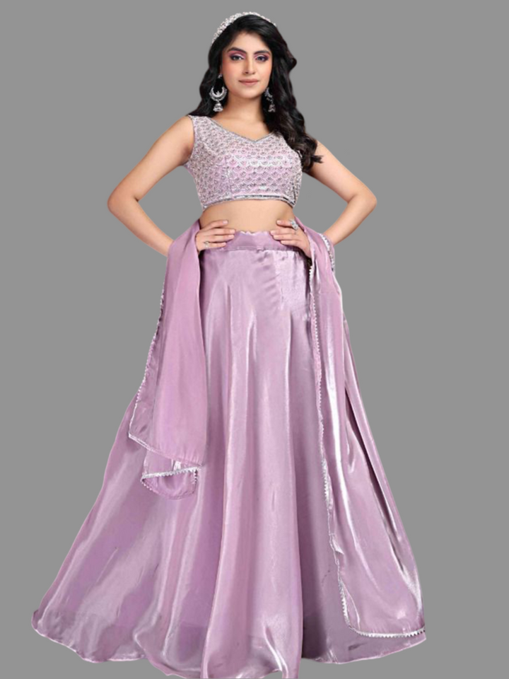 Purple floral crop top and skirt lehenga set made from jimmichu fabric, perfect for celebrations.