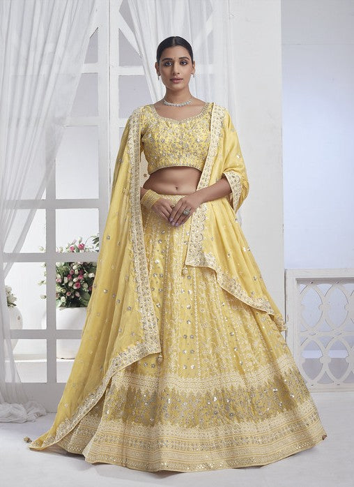 Elegant Yellow Embroidered Lehenga | Stunning Chiffon Bridal Outfit