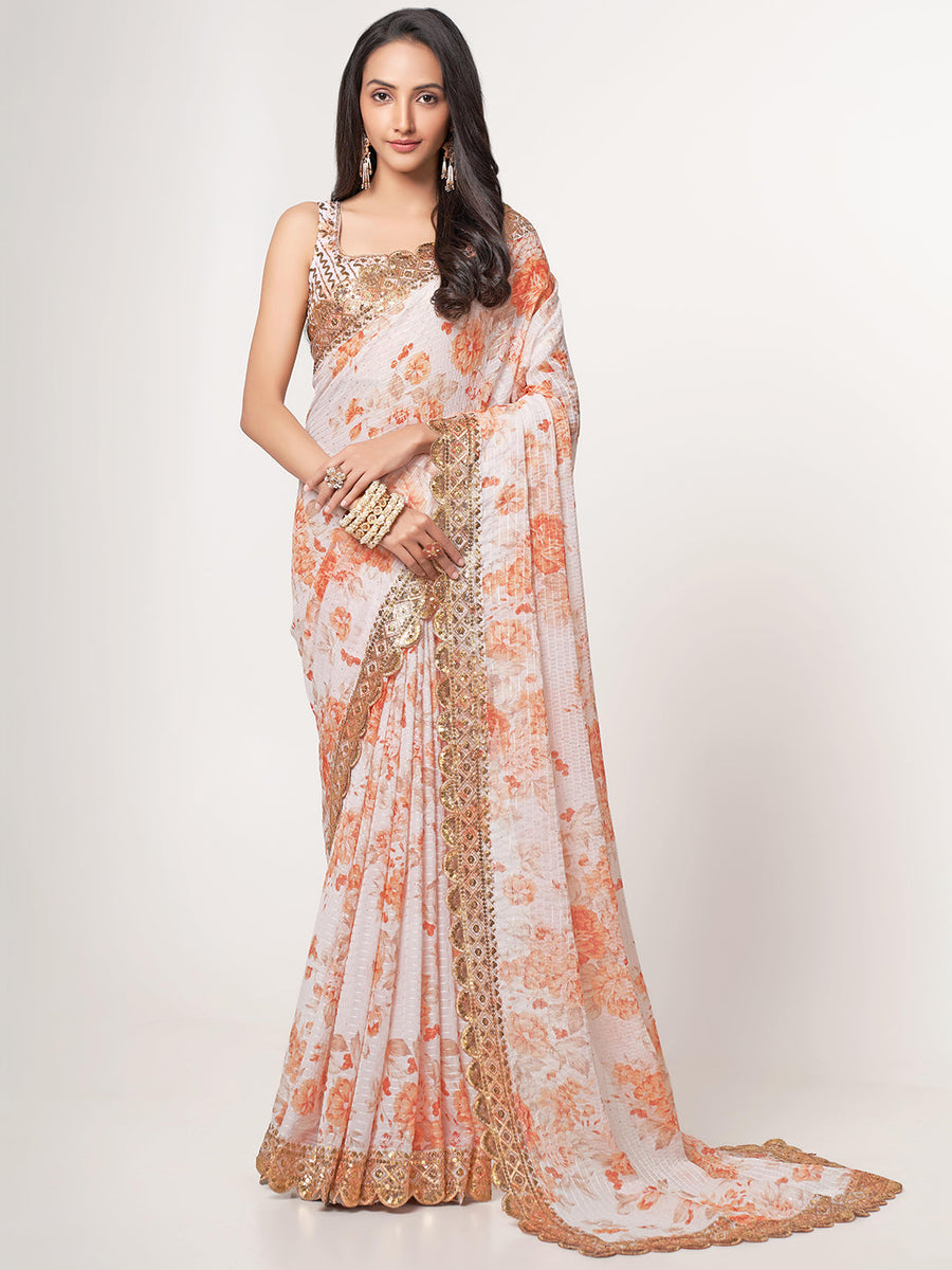 White luxurious fabric saree crafted for elegance and style.