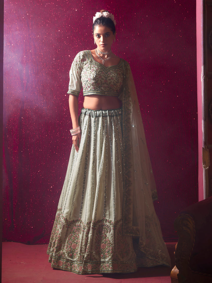 Beautiful Cream Embroidered Silk Wedding Lehenga Choli With Dupatta