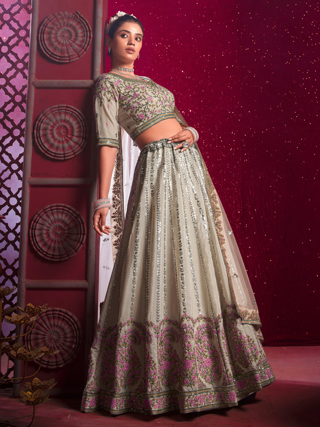 Beautiful Cream Embroidered Silk Wedding Lehenga Choli With Dupatta