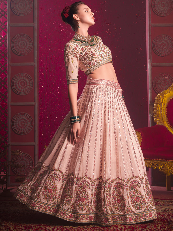 Attractive Peach Embroidered Silk Lehenga Choli With Dupatta