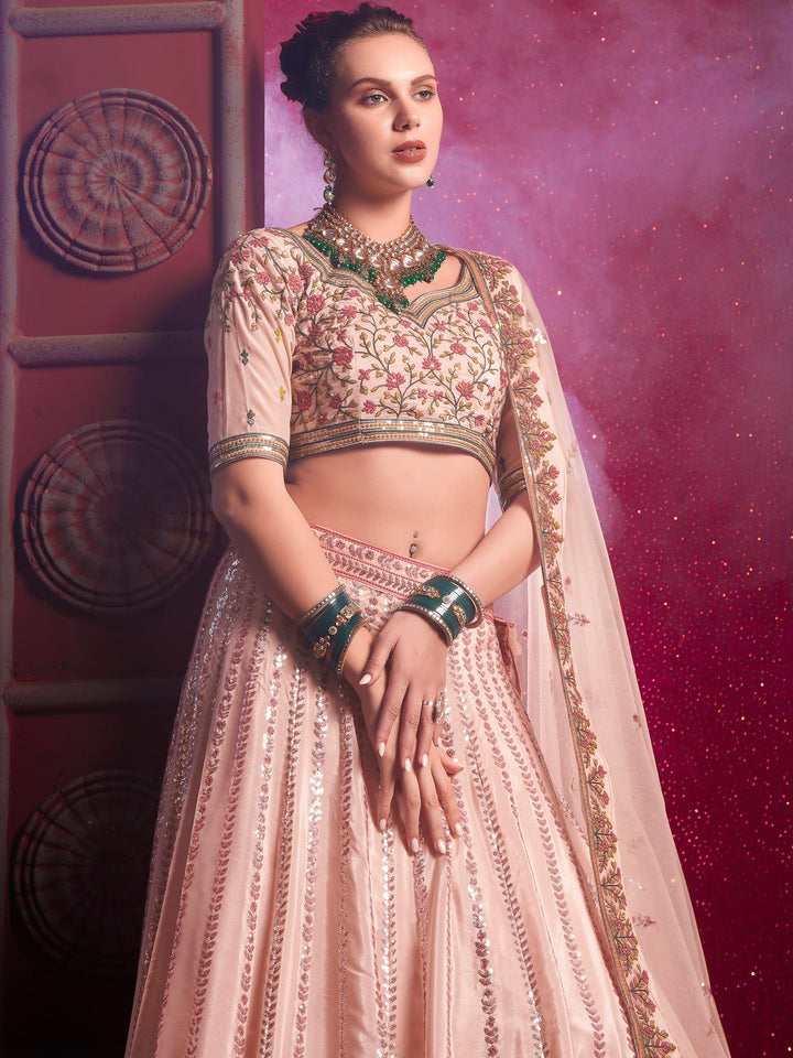 Attractive Peach Embroidered Silk Lehenga Choli With Dupatta