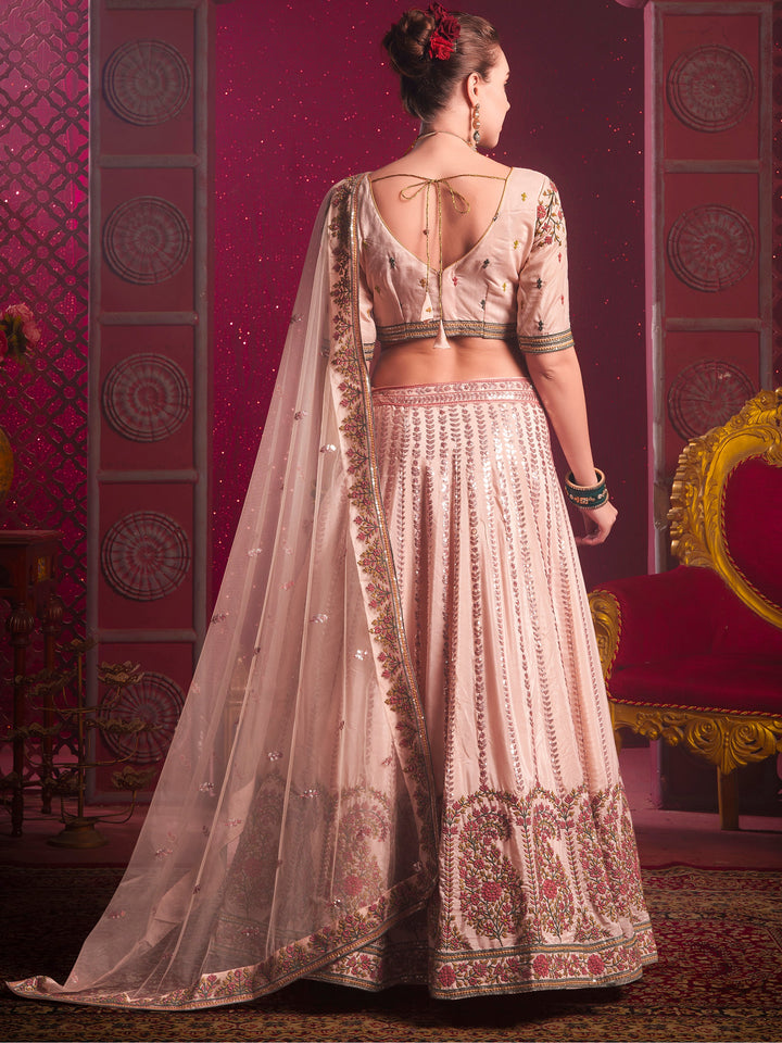 Attractive Peach Embroidered Silk Lehenga Choli With Dupatta