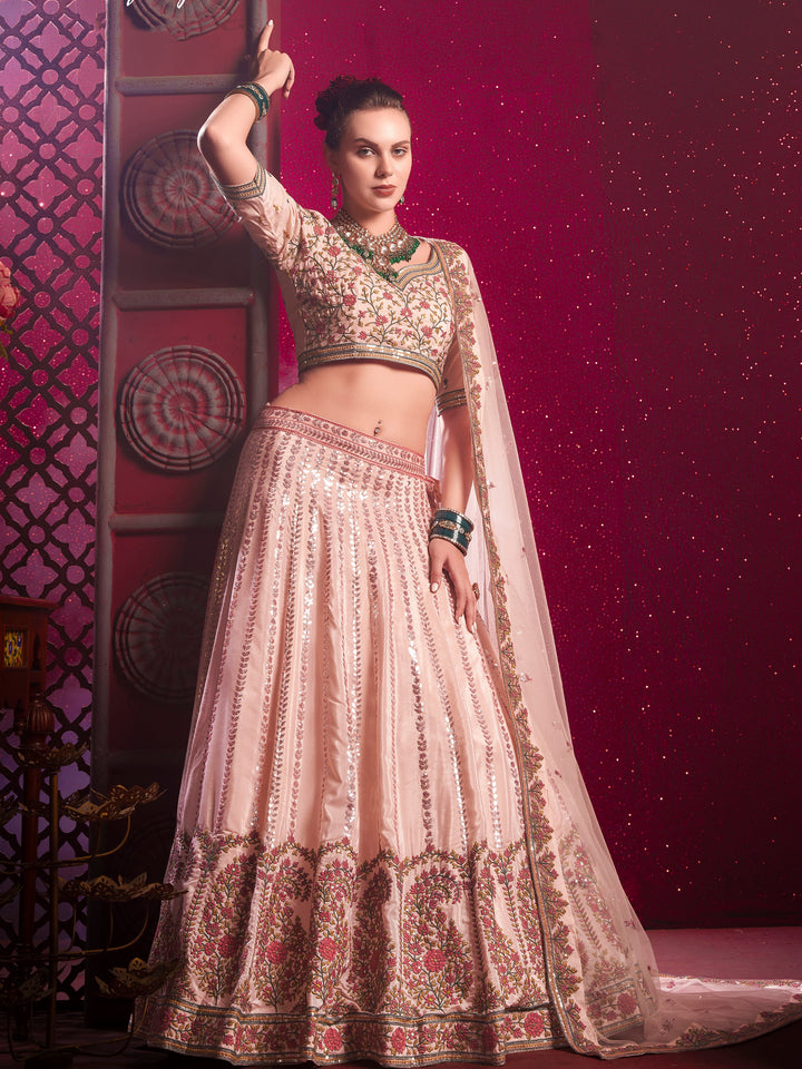 Attractive Peach Embroidered Silk Lehenga Choli With Dupatta