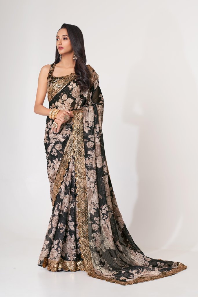 Elegant black floral print saree with sequin details, perfect for a formal and stylish look.