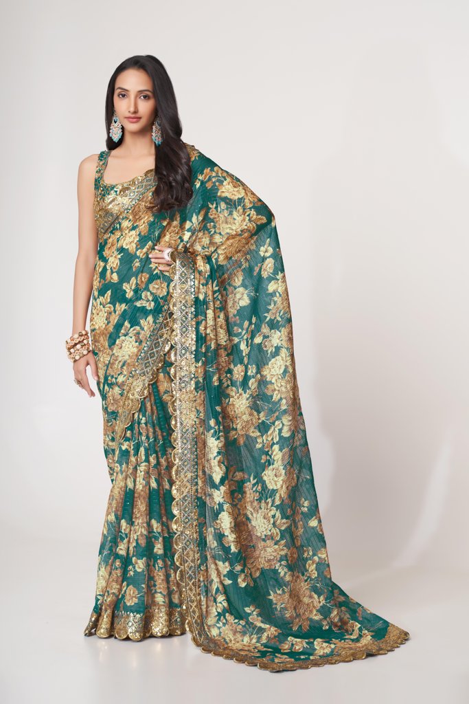 Beautiful purple floral print saree in organza with intricate sequin embroidery for a festive look.