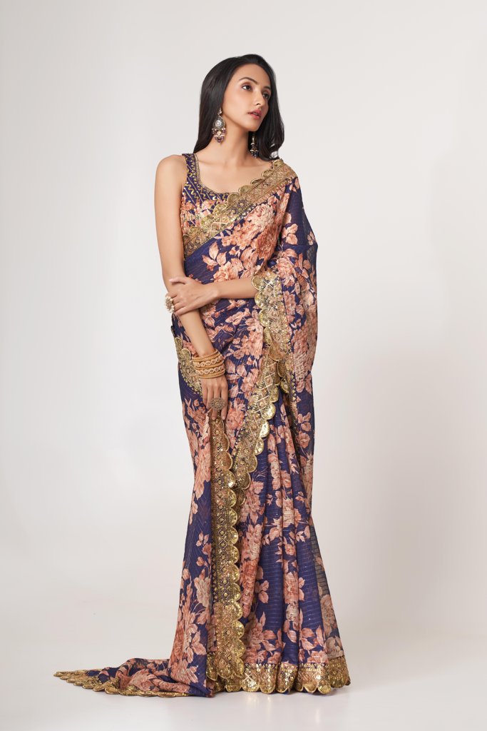 Beautiful purple floral print saree with sequin embroidery, perfect for weddings.