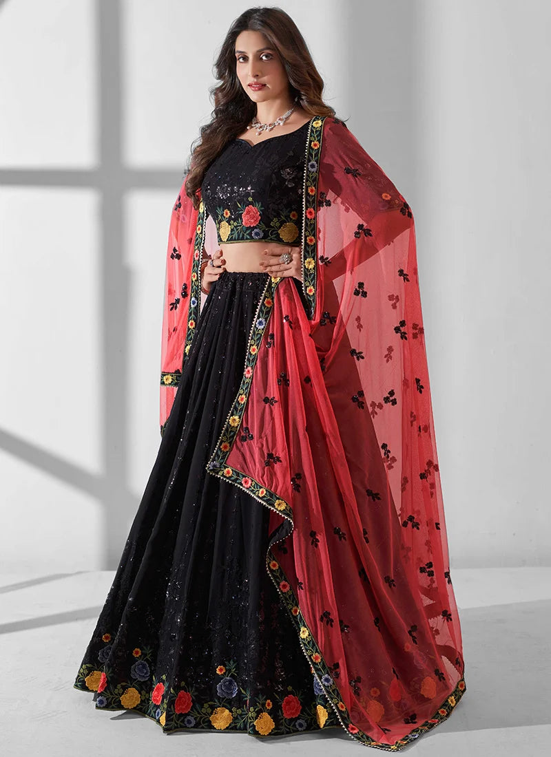 Designer Black Lehenga Choli Set | Sequins & Floral Embroidery