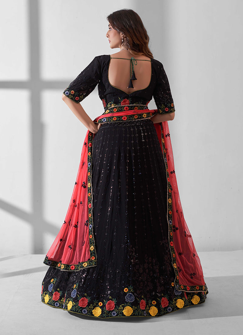 Designer Black Lehenga Choli Set | Sequins & Floral Embroidery