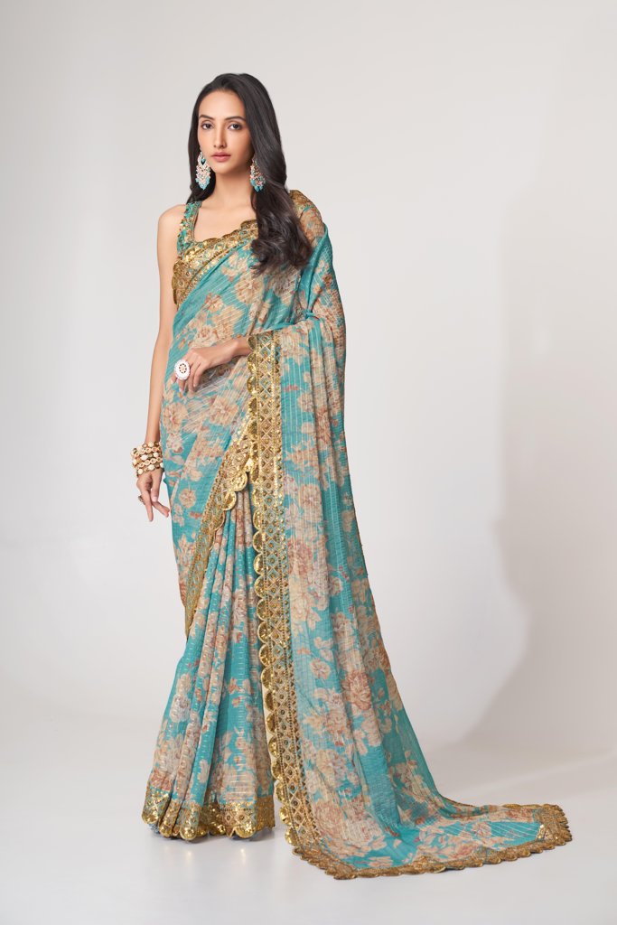 Graceful navy floral print saree with sequin details, perfect for weddings and celebrations.