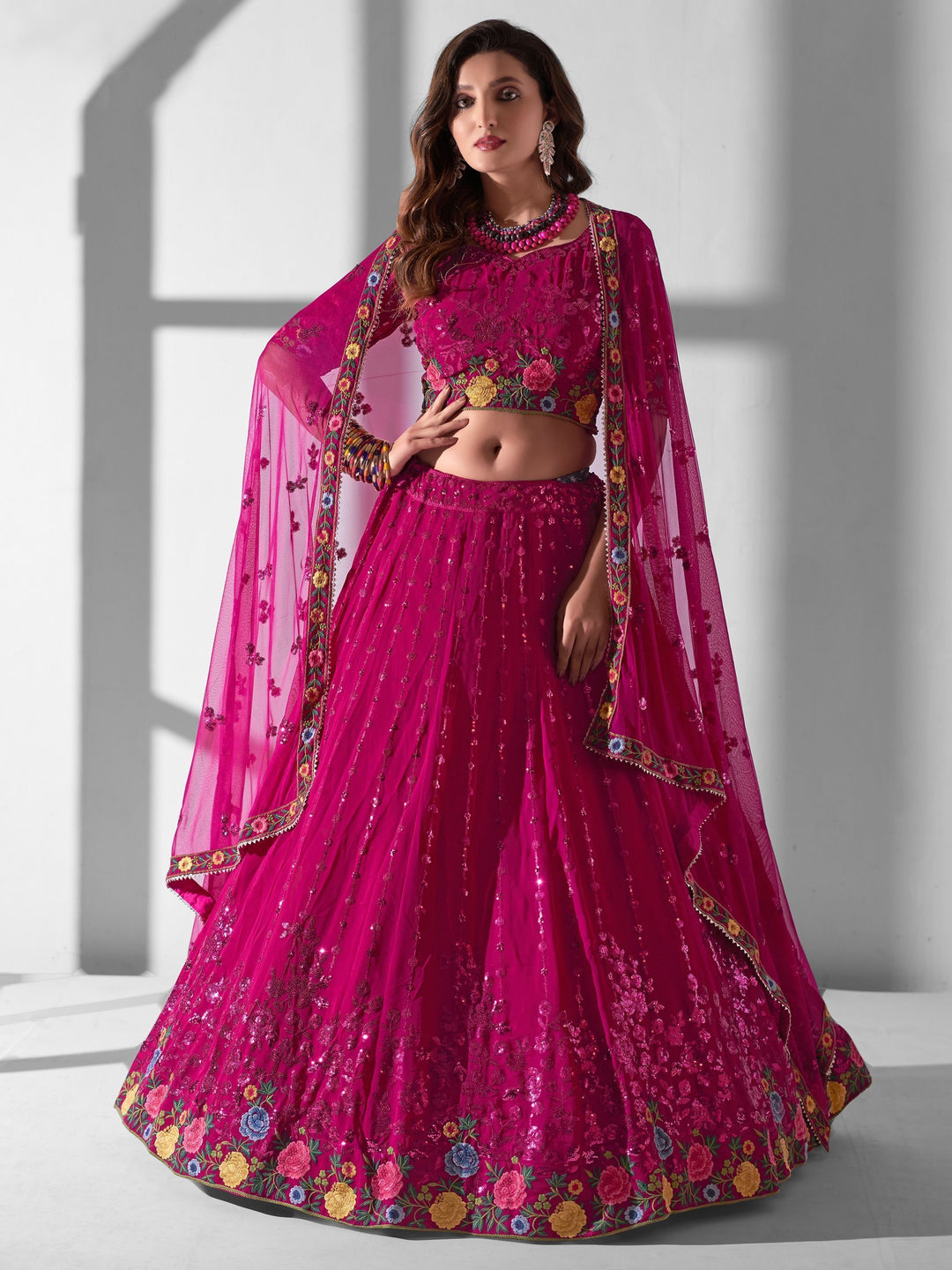 Rani Pink Wedding Lehenga Choli | Multi-Embroidered Georgette Set