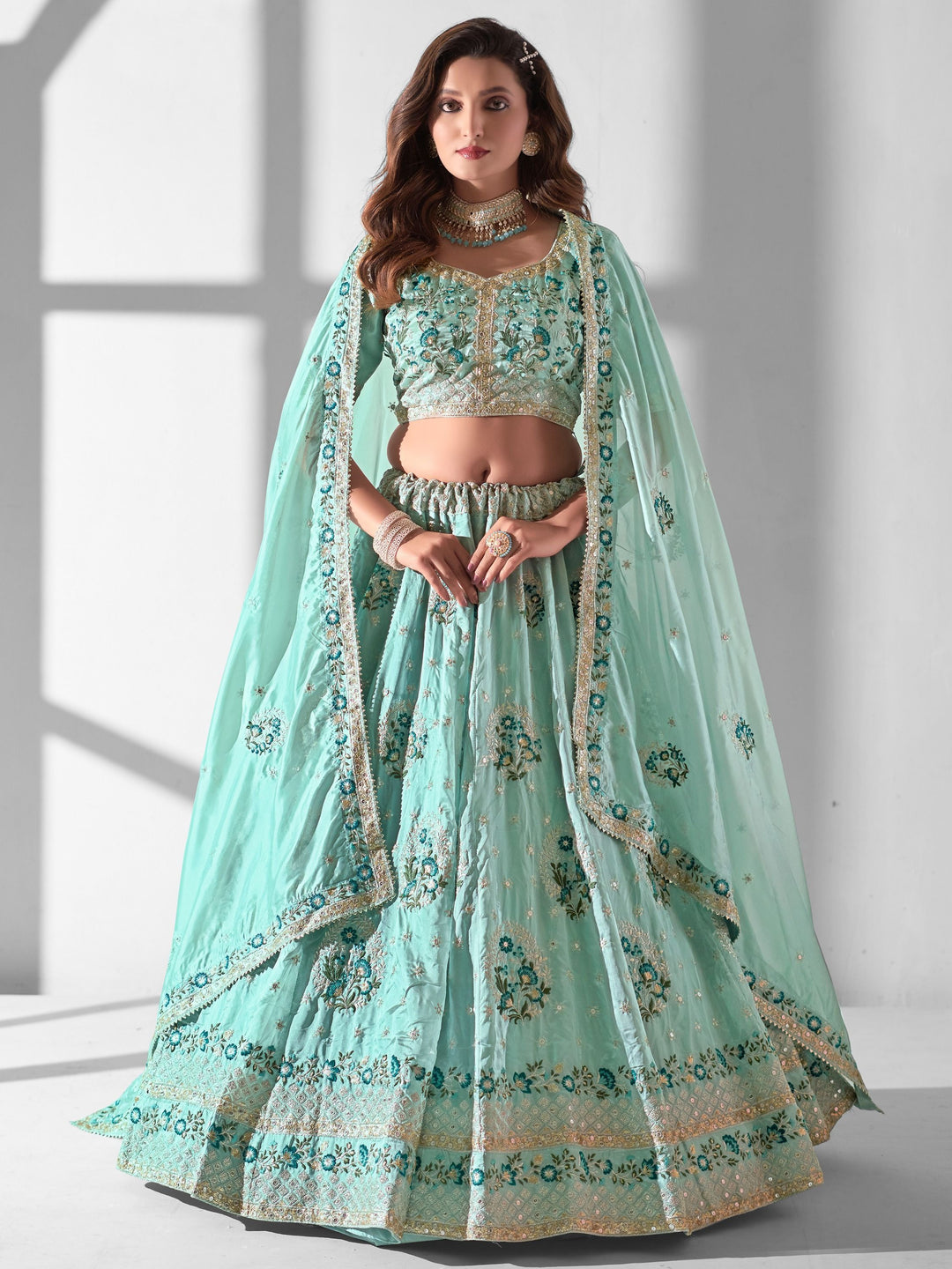 Turquoise Organza Bridesmaid Lehenga | Embroidered Lehenga Choli Set