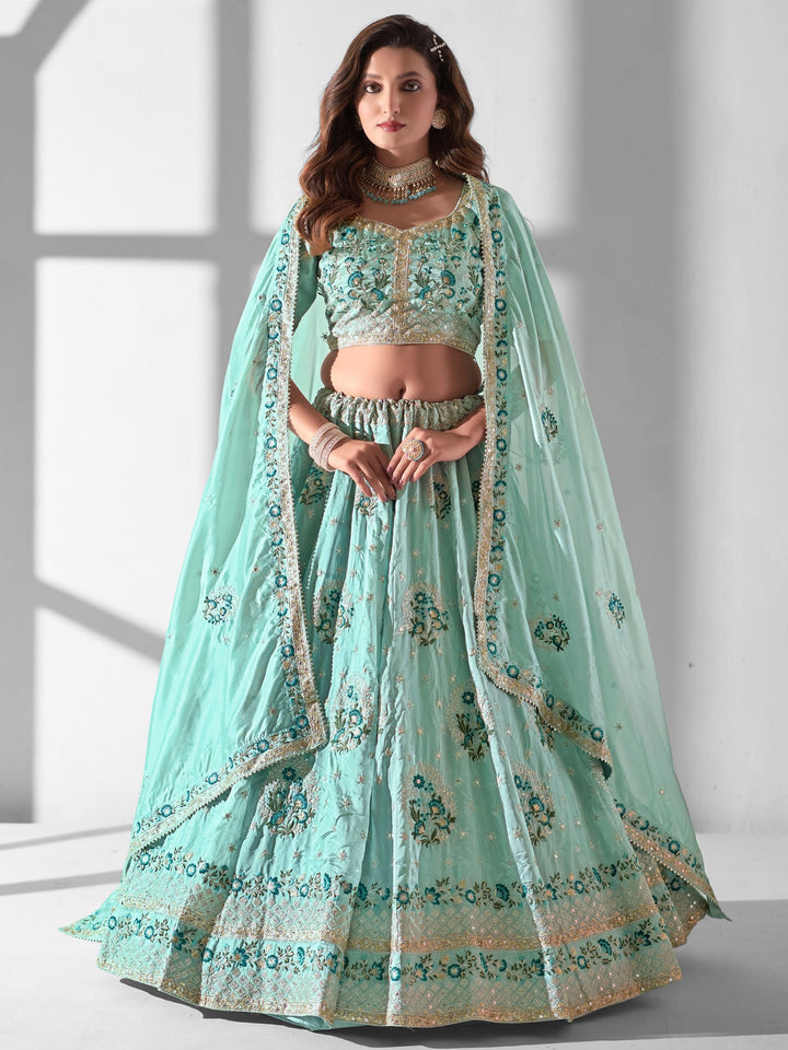 Turquoise Organza Bridesmaid Lehenga | Embroidered Lehenga Choli Set