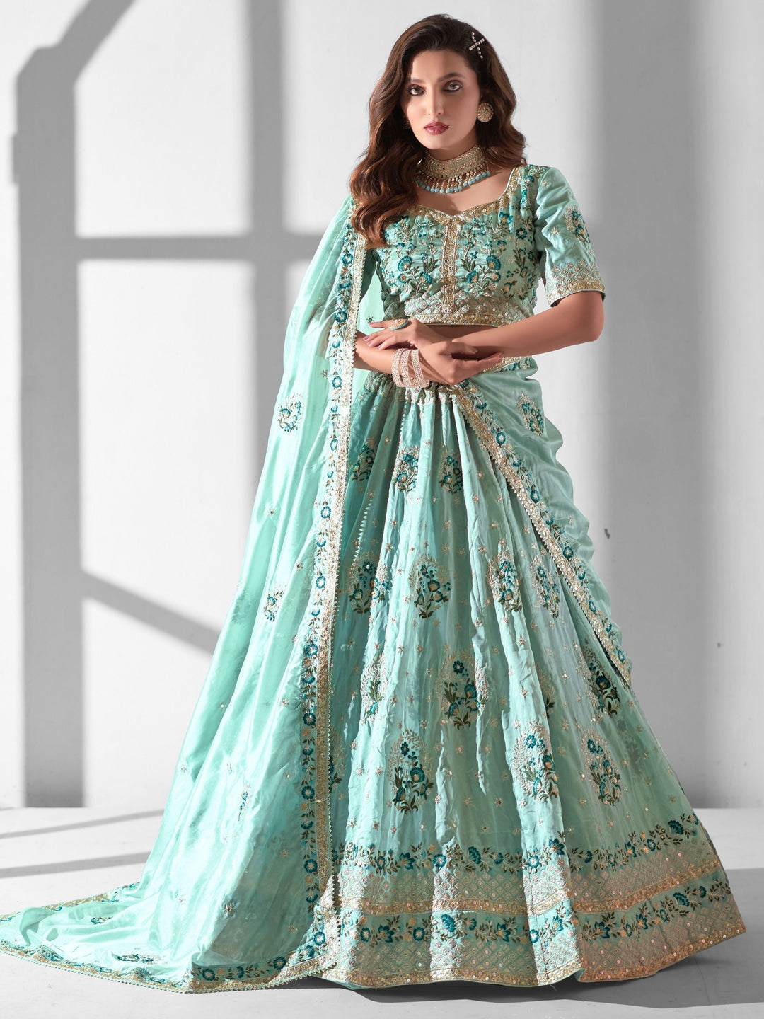 Turquoise Organza Bridesmaid Lehenga | Embroidered Lehenga Choli Set