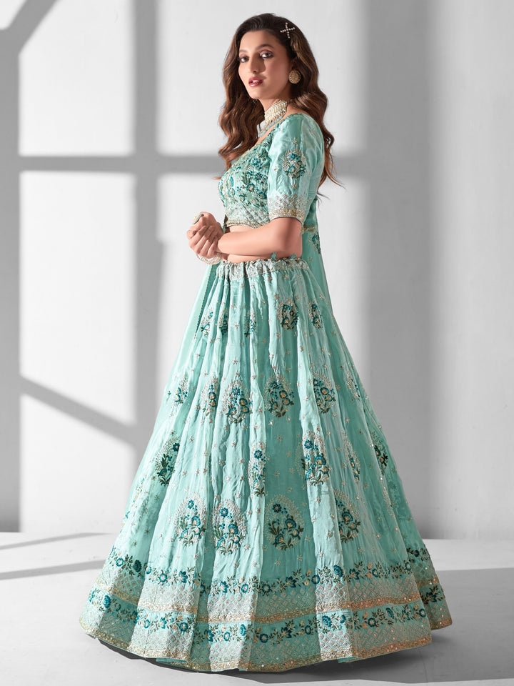 Turquoise Organza Bridesmaid Lehenga | Embroidered Lehenga Choli Set