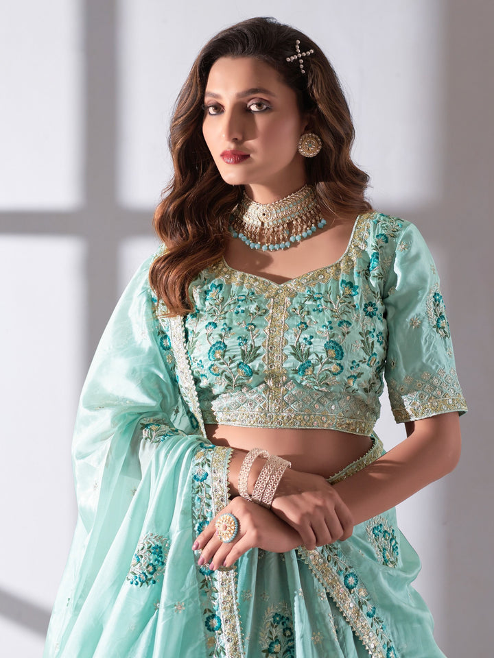 Turquoise Organza Bridesmaid Lehenga | Embroidered Lehenga Choli Set