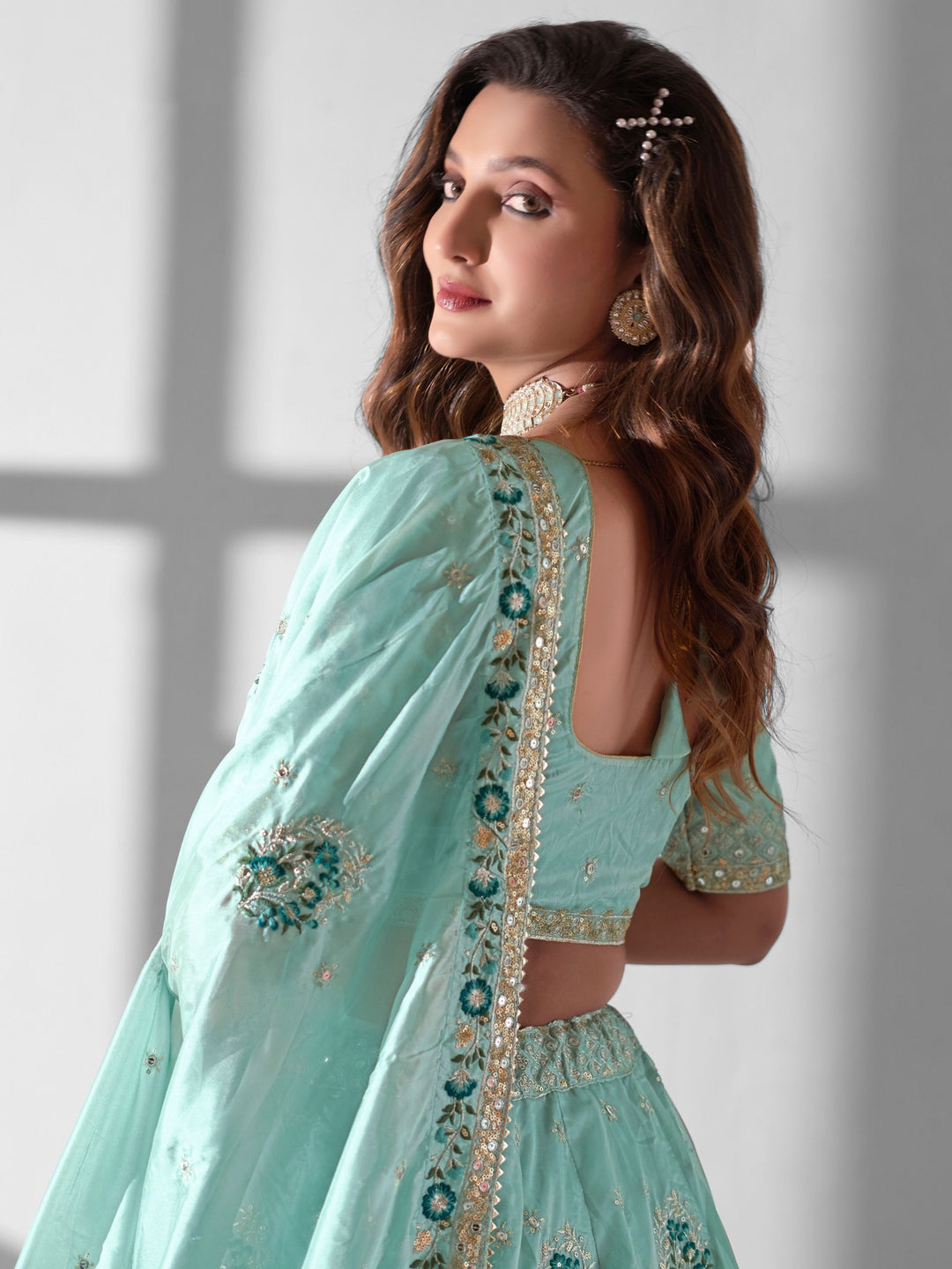 Turquoise Organza Bridesmaid Lehenga | Embroidered Lehenga Choli Set