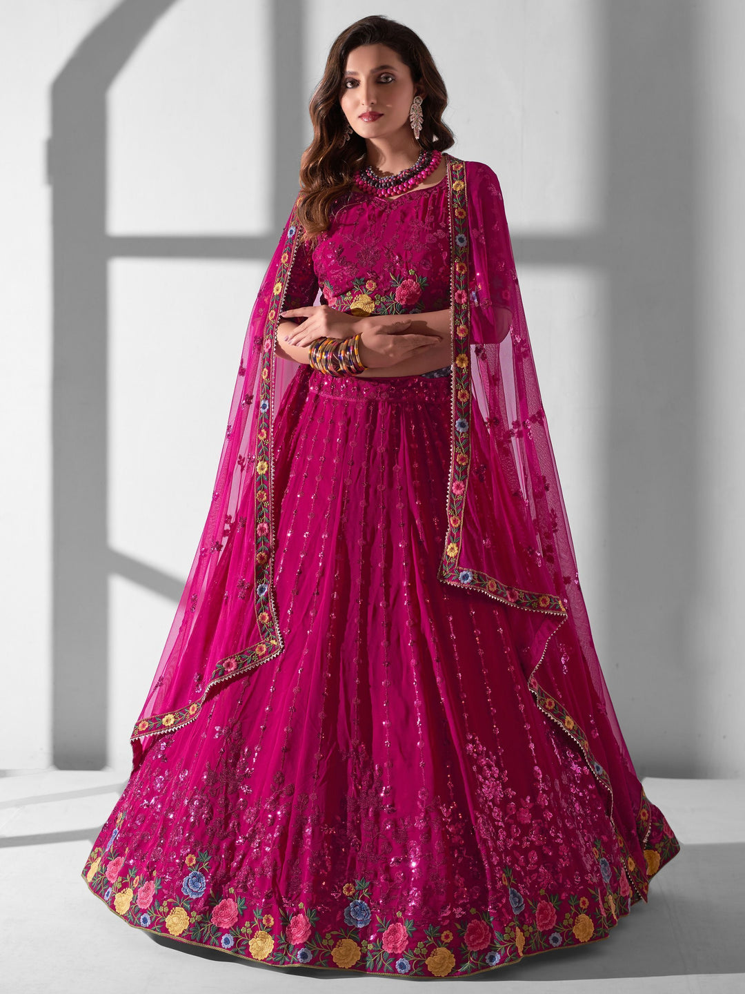 Rani Pink Wedding Lehenga Choli | Multi-Embroidered Georgette Set