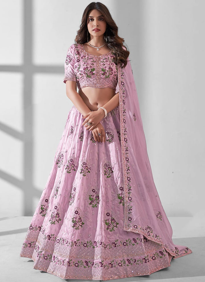 Pink Organza Wedding Lehenga | Floral Embroidered with Dupatta Set