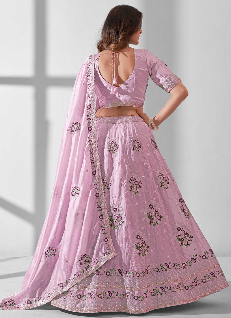 Pink Organza Wedding Lehenga | Floral Embroidered with Dupatta Set