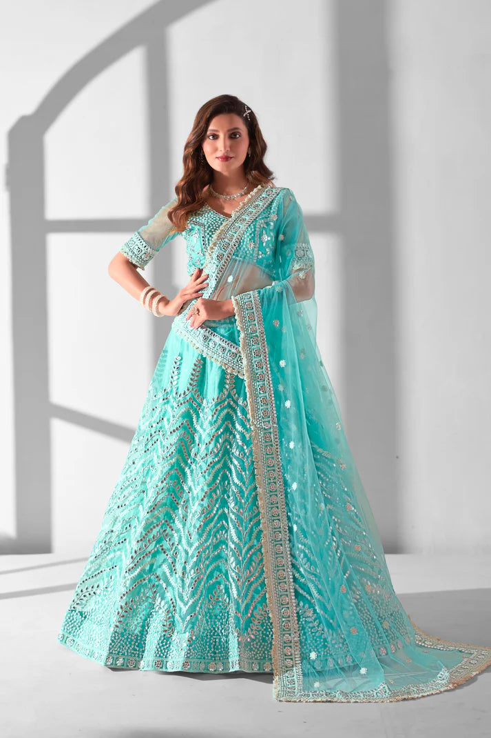 Sky Blue Net Sequins Embroidered Lehenga Choli | Bridal Wedding Wear