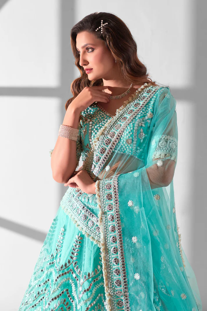 Sky Blue Net Sequins Embroidered Lehenga Choli | Bridal Wedding Wear