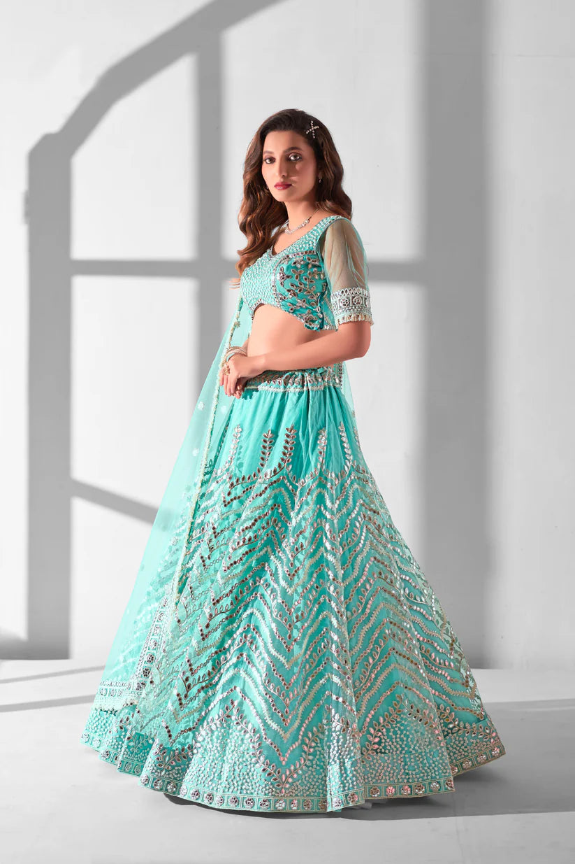 Sky Blue Net Sequins Embroidered Lehenga Choli | Bridal Wedding Wear