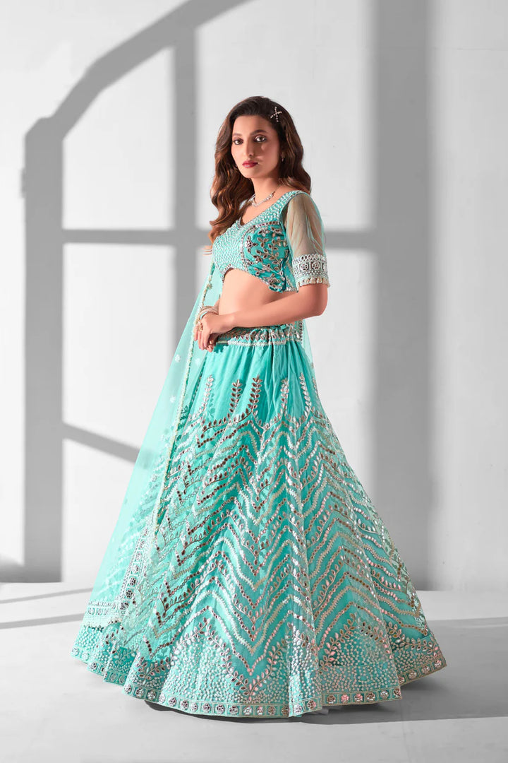 Sky Blue Net Sequins Embroidered Lehenga Choli | Bridal Wedding Wear