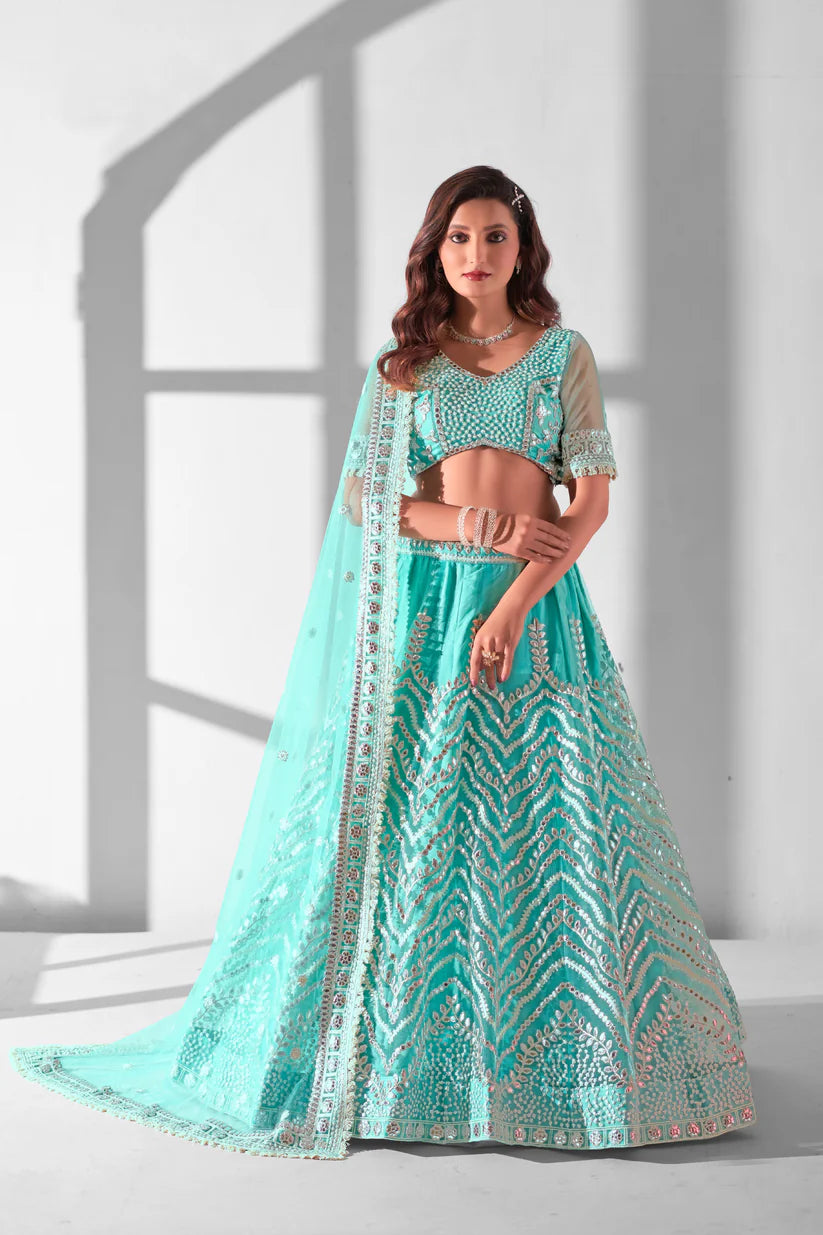 Sky Blue Net Sequins Embroidered Lehenga Choli | Bridal Wedding Wear