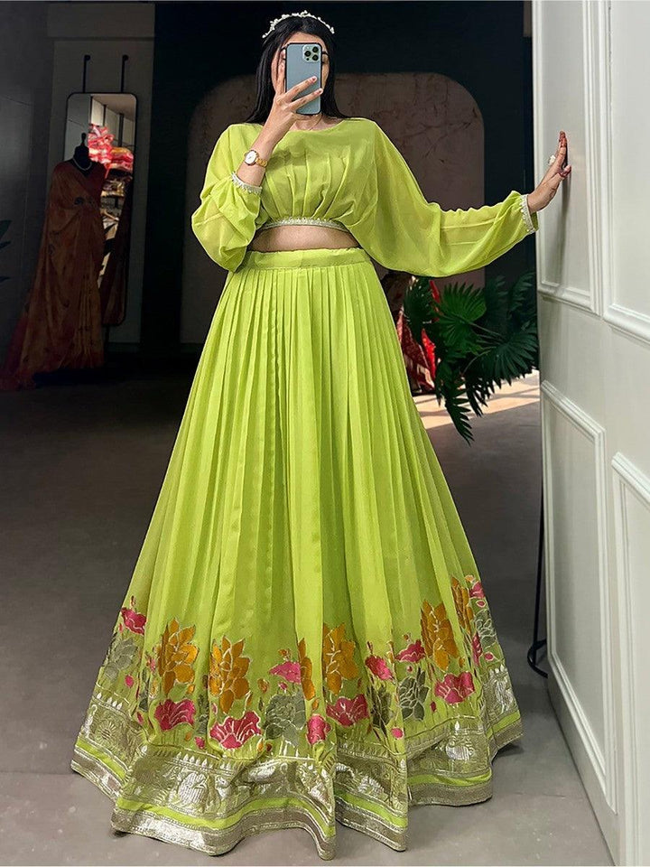 Fancified Green Lehenga Choli | Embroidered Georgette with Crop Top