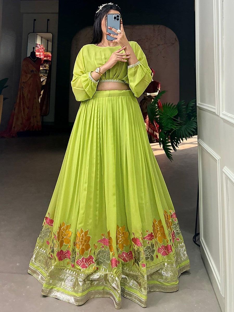 Fancified Green Lehenga Choli | Embroidered Georgette with Crop Top