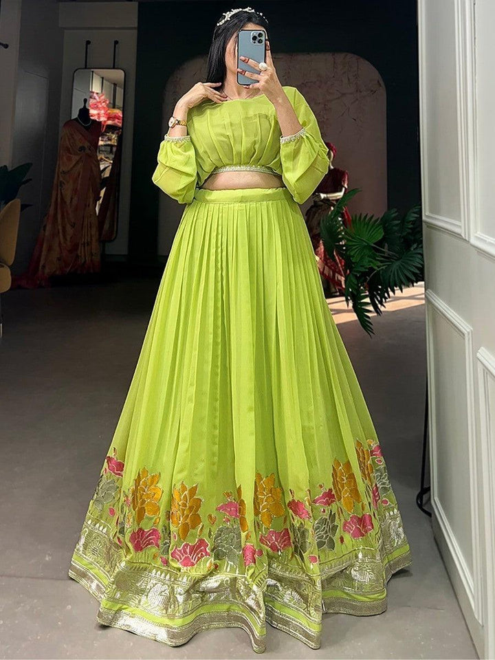 Fancified Green Lehenga Choli | Embroidered Georgette with Crop Top