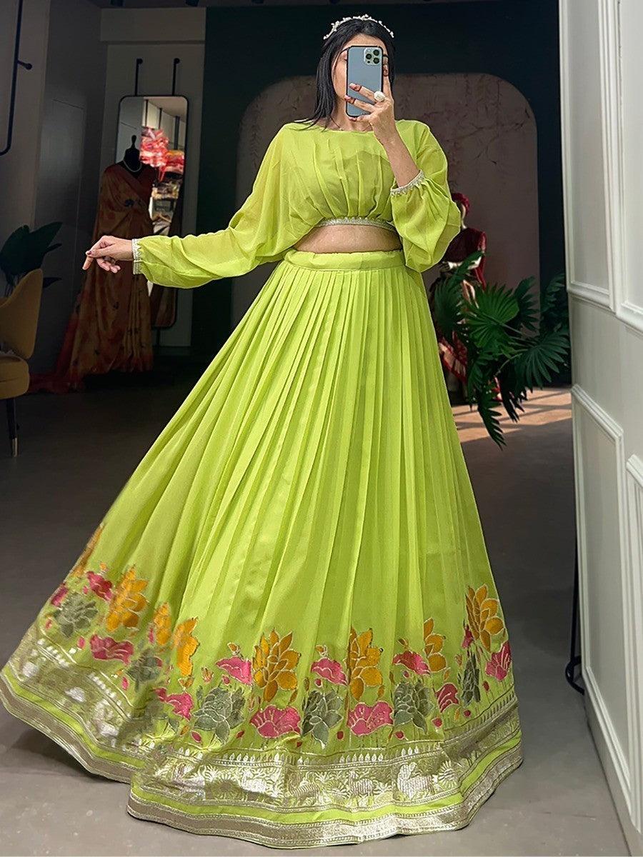 Fancified Green Lehenga Choli | Embroidered Georgette with Crop Top