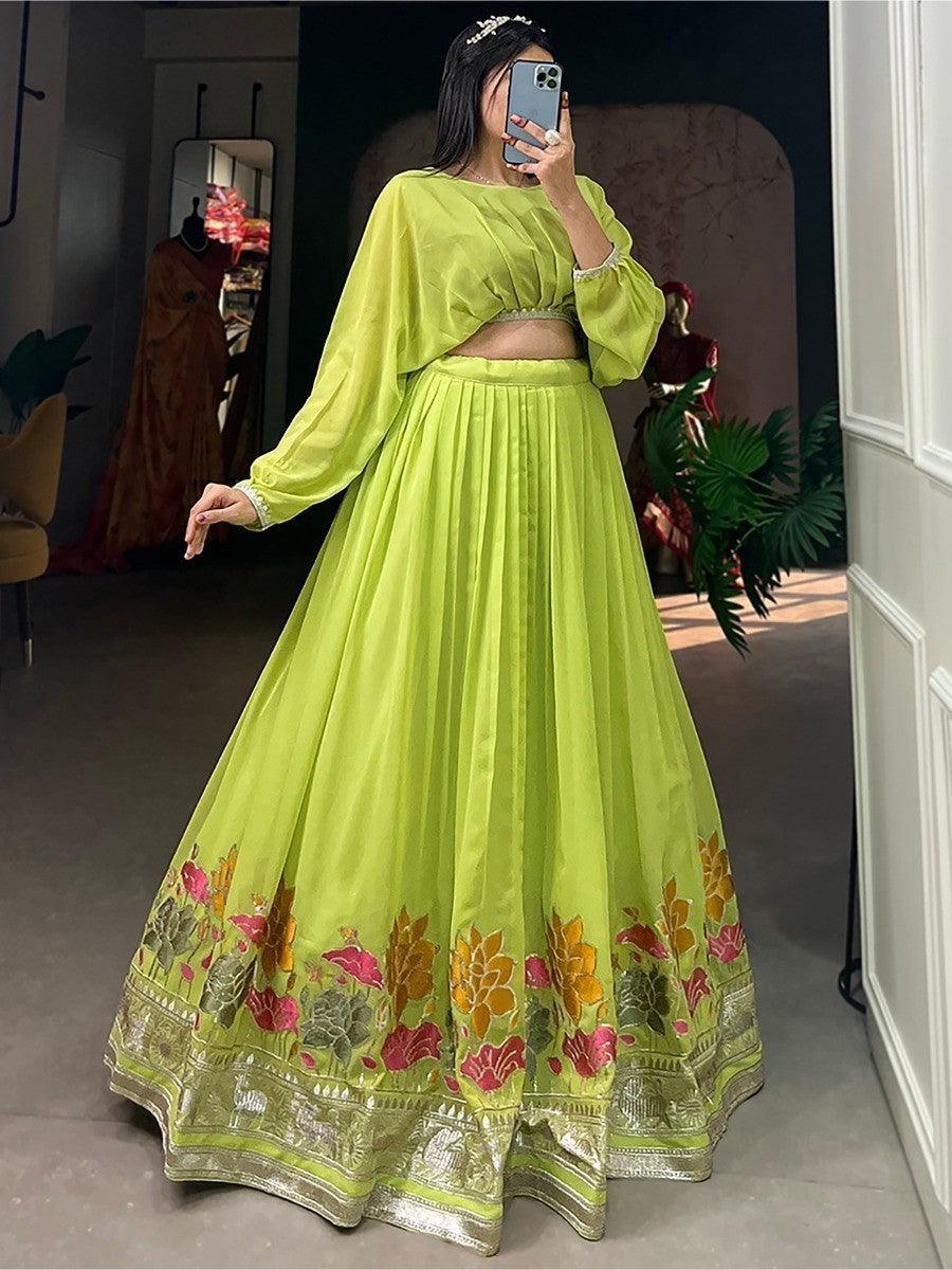 Fancified Green Lehenga Choli | Embroidered Georgette with Crop Top