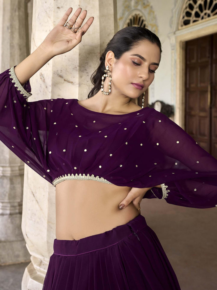 Beautiful Wine Lehenga | Georgette Crop Top Lehenga with Embroidery