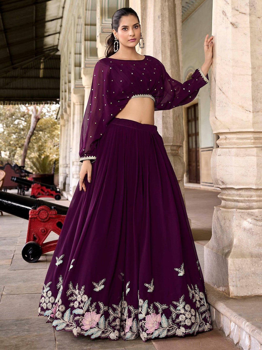 Beautiful Wine Lehenga | Georgette Crop Top Lehenga with Embroidery