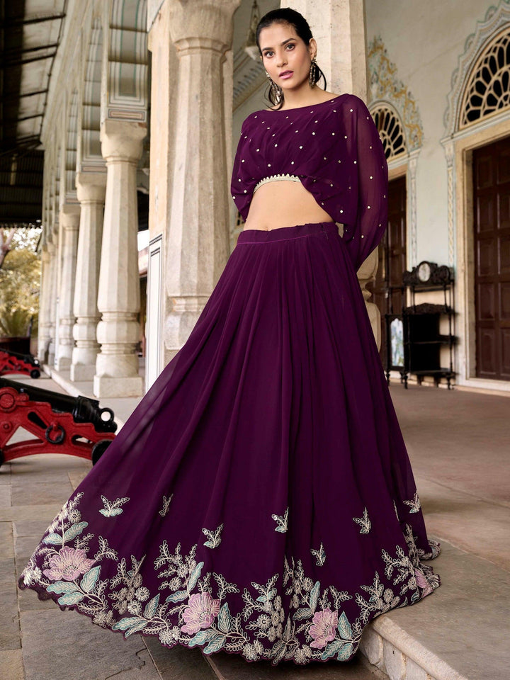 Beautiful Wine Lehenga | Georgette Crop Top Lehenga with Embroidery