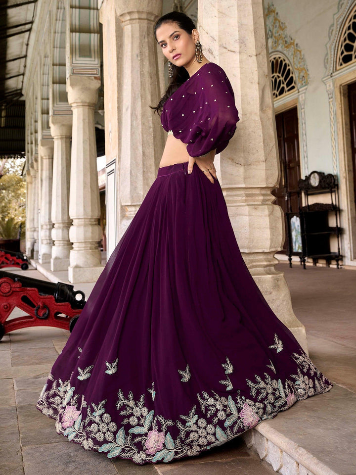 Beautiful Wine Lehenga | Georgette Crop Top Lehenga with Embroidery