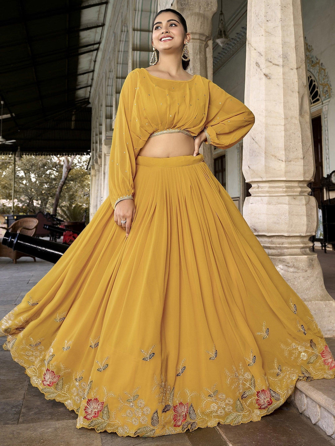 Elegant Yellow Crop Top Lehenga | Fully Stitched Georgette Lehenga