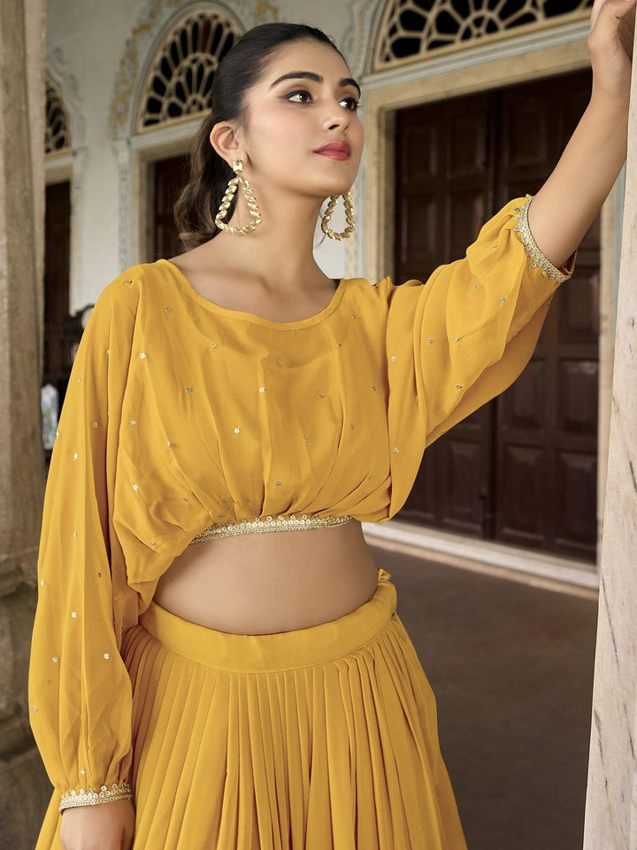 Elegant Yellow Crop Top Lehenga | Fully Stitched Georgette Lehenga