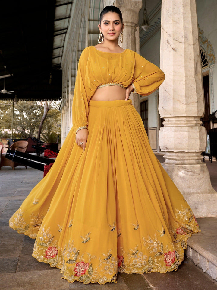 Elegant Yellow Crop Top Lehenga | Fully Stitched Georgette Lehenga